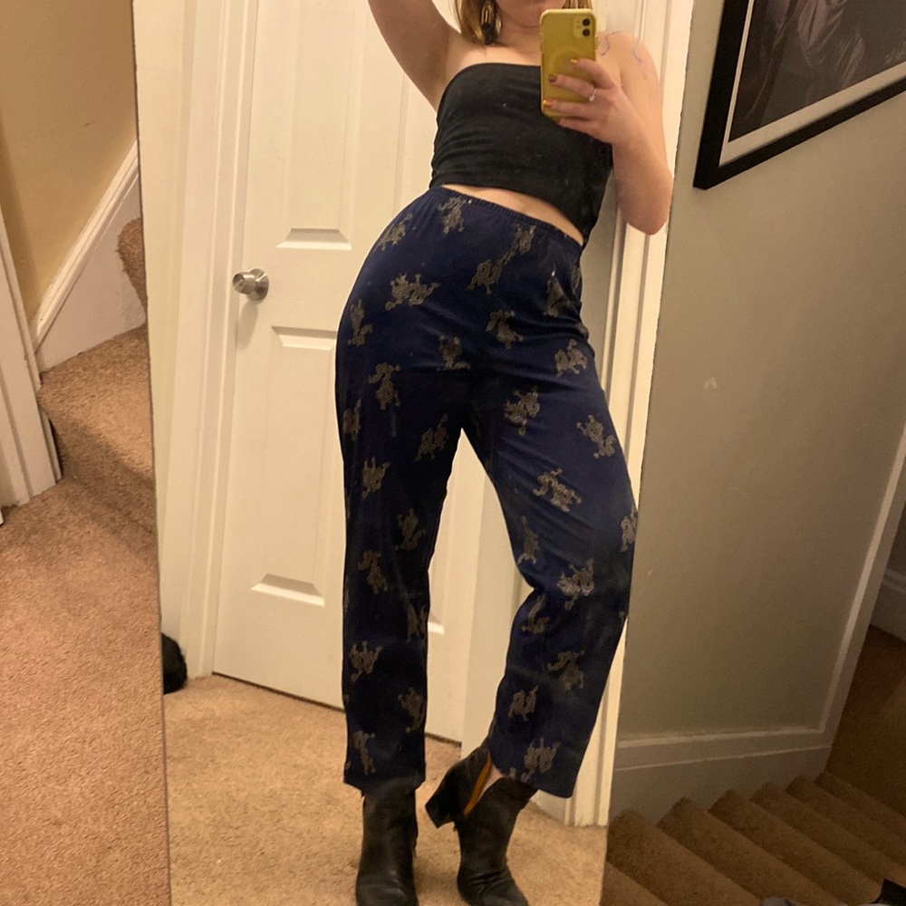 Navy dragon detail stretch pants